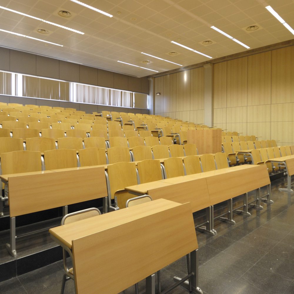 class university with outstanding and empty, with wooden tables