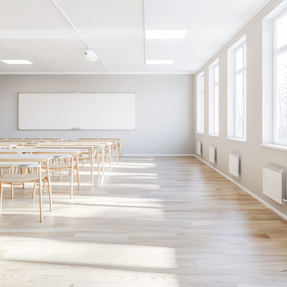 Minimalist empty classroom with modern furniture.